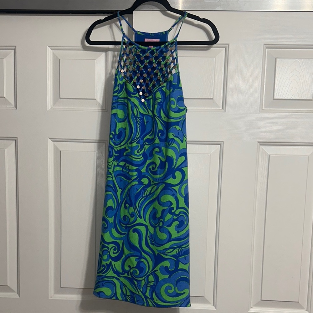 Lilly Pulitzer Blue and Green Halter Midi Dress with Lattice Neckline